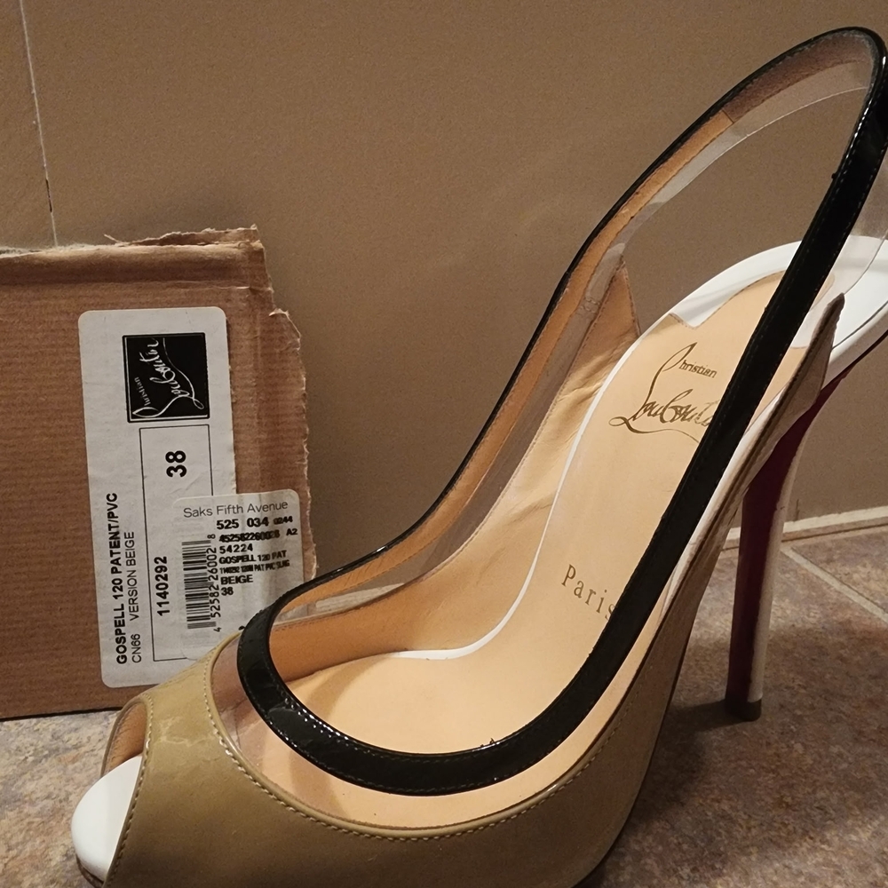 Christian Louboutin Tan and Black Peep Toe Heels